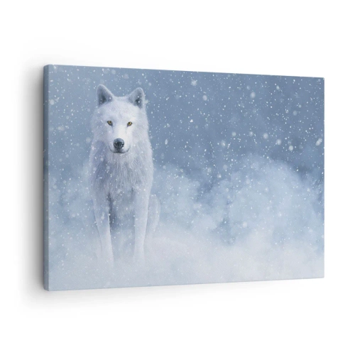Quadro em tela - Lobo branco em um cenário nevado - 70x50cm - No espírito de inverno - Decoração de parede moderna para a sala de estar e quarto ARTTOR