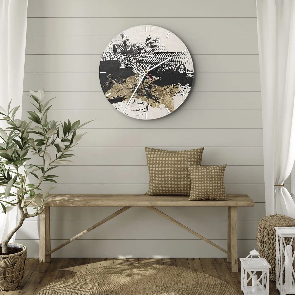 Relógio de parede - Relógio em vidro - Composição abstrata de preto, dourado e branco - 30x30cm - Composição com paixão - Decoração de parede moderna para a sala de estar, cozinha e quarto ARTTOR