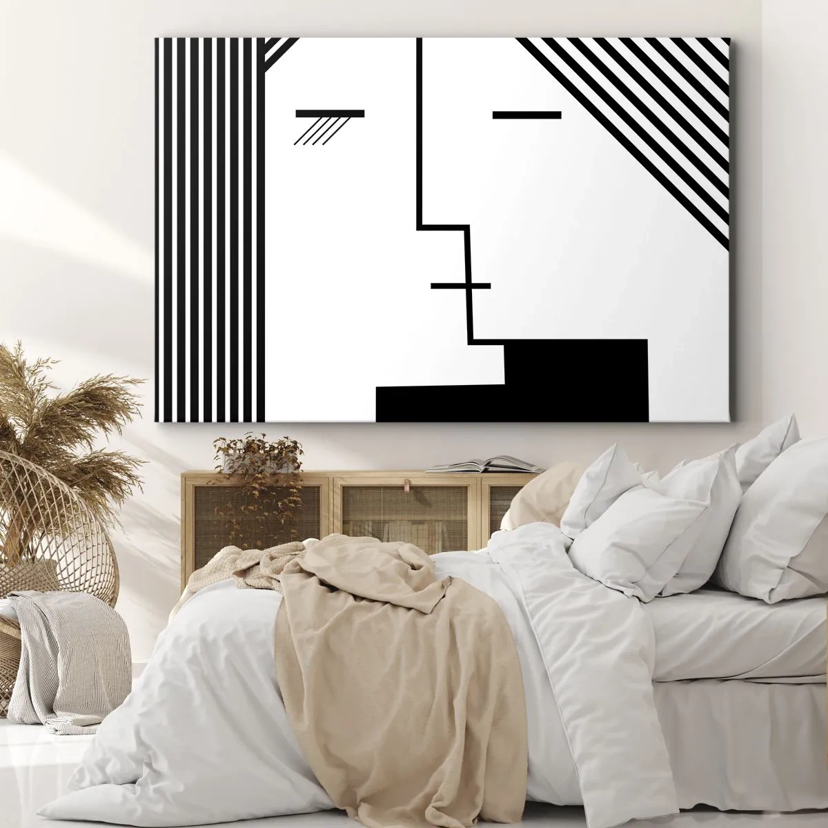 Quadro em tela - Abstração geométrica de um beijo em preto e branco - 70x50cm - Apenas um beijo - Decoração de parede moderna para a sala de estar e quarto ARTTOR