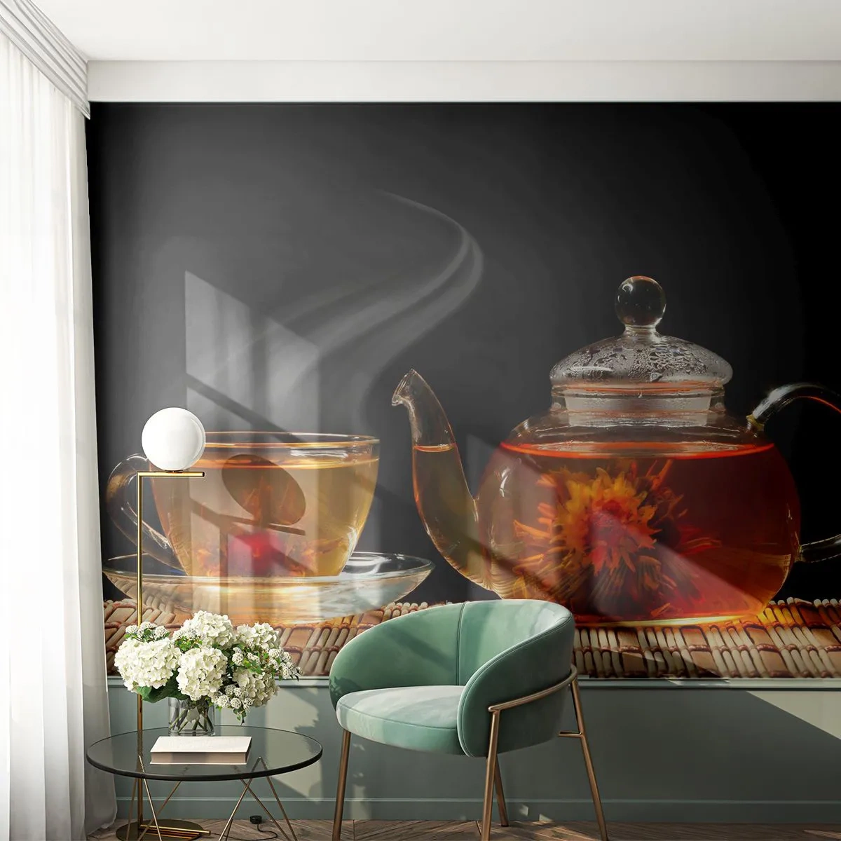 Papel de Parede Premium Sand - A magia e a arte de preparar chá - Chá, Bule de chá, Xícara de chá - 300x210 cm