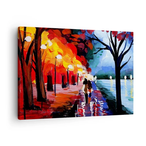 Quadro em tela - Uma caminhada de outono ao longo do caminho com vista para a água - 70x50cm - Outono ardente no parque - Decoração de parede moderna para a sala de estar e quarto ARTTOR