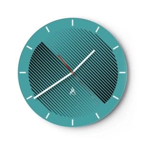 Relógio de parede - Relógio em vidro - Fundo turquesa com linhas diagonais pretas em um arranjo geométrico - 30x30cm - Círculo – uma variação geométrica - Decoração de parede moderna para a sala de estar, cozinha e quarto ARTTOR