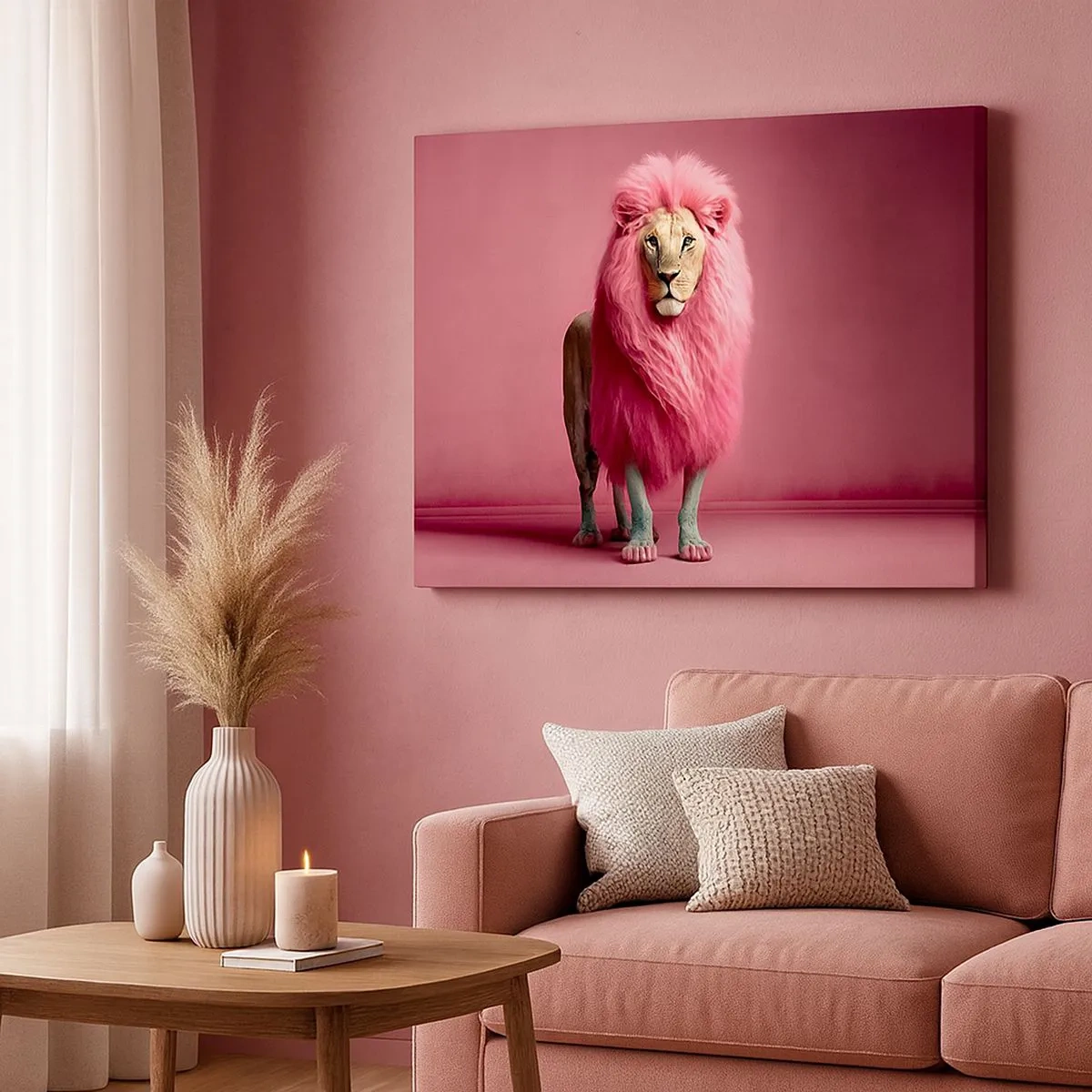 Quadro em tela - Um leão artisticamente representado com uma juba rosa em um fundo rosa - 70x50cm - Não tens mais medo - Decoração de parede moderna para a sala de estar e quarto ARTTOR