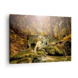 Quadro em tela - Uma cachoeira na floresta sob os raios do sol, cercada por vegetação - 70x50cm - Cascata na floresta - Decoração de parede moderna para a sala de estar e quarto ARTTOR
