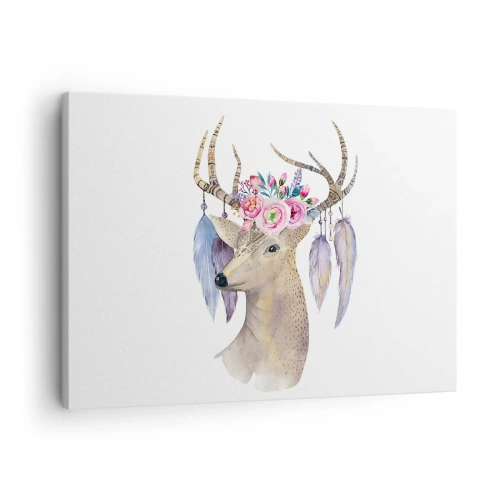 Quadro em tela - Gráfico romântico de veado com flores e penas - 70x50cm - Guia da alma - delicado, inocente - Decoração de parede moderna para a sala de estar e quarto ARTTOR