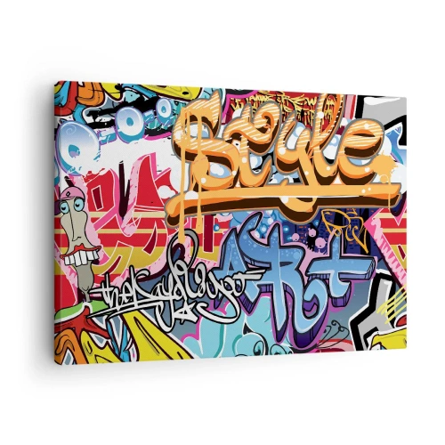 Quadro em tela - Grafites coloridos com inscrições e ilustrações dinâmicas - 70x50cm - Murais, murais, murais... - Decoração de parede moderna para a sala de estar e quarto ARTTOR