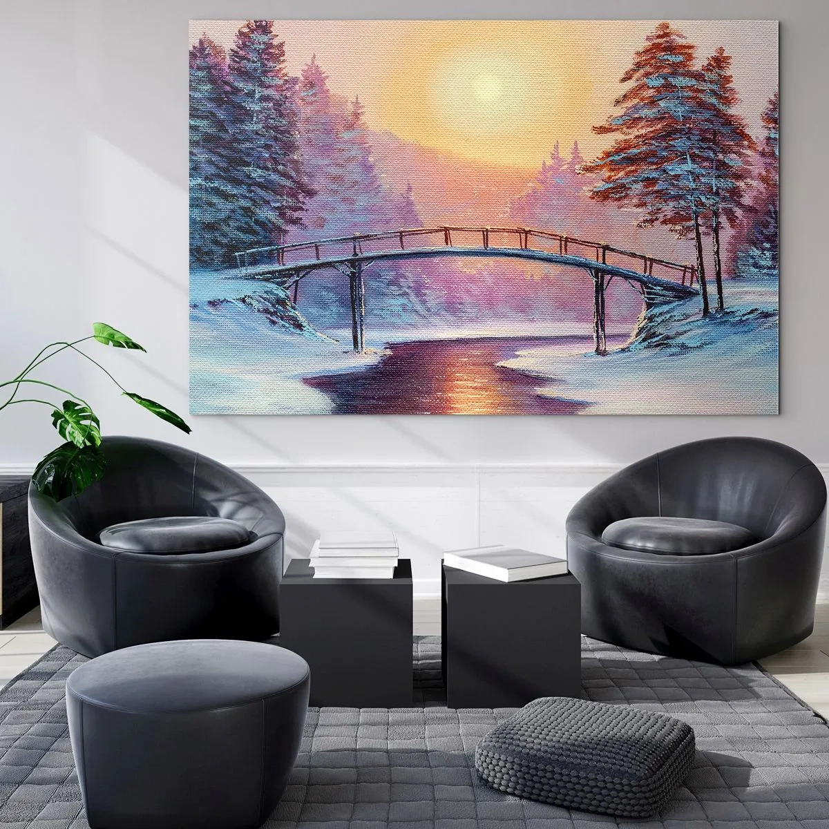 Quadro em vidro - Paisagem de inverno com uma ponte sobre um rio ao pôr do sol - 70x50cm - Quatro estações - inverno - Decoração de parede moderna para a sala de estar e quarto ARTTOR