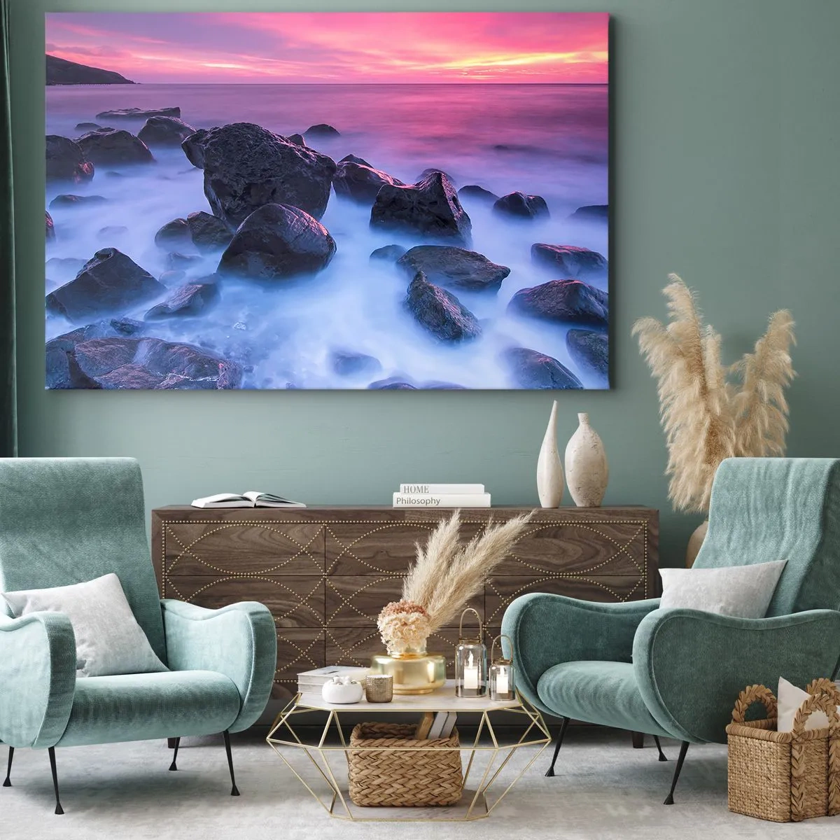 Quadro em tela - Costa rochosa ao pôr do sol - 70x50cm - Nascimento em brilho e nevoeiro - Decoração de parede moderna para a sala de estar e quarto ARTTOR
