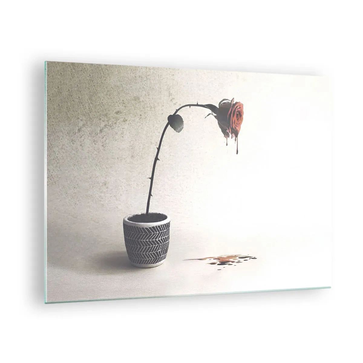Quadro em vidro - Uma rosa simbólica em um vaso com tinta pingando - 70x50cm - Rosa dolorosa - Decoração de parede moderna para a sala de estar e quarto ARTTOR