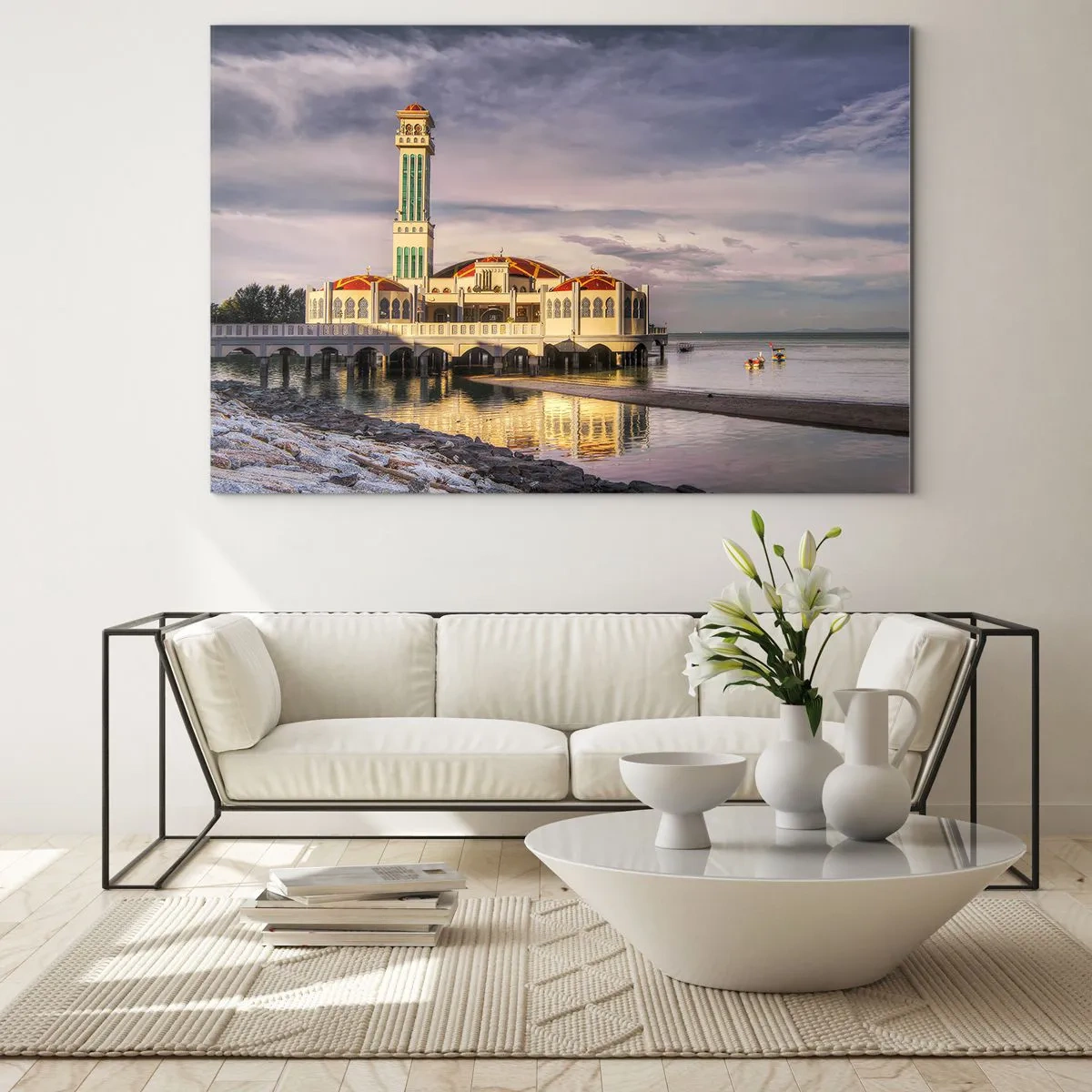 Quadro em vidro - Mesquita na água sob uma luz pitoresca - 70x50cm - Templo da natureza - Decoração de parede moderna para a sala de estar e quarto ARTTOR