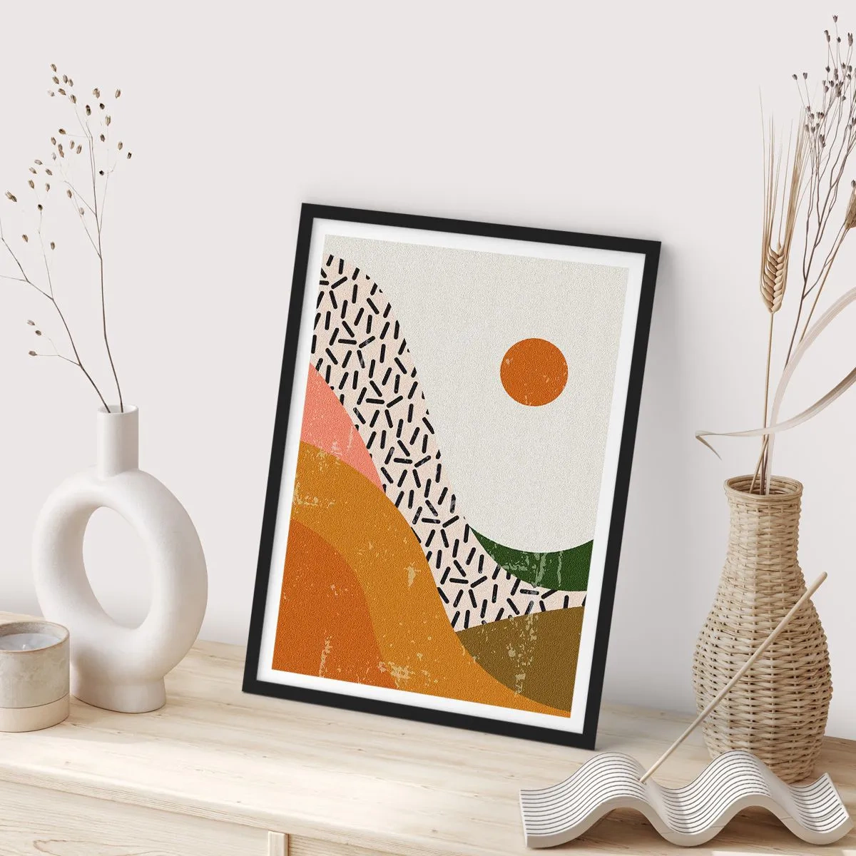 Pôster com moldura preta - Paisagem abstrata em cores quentes - 50x70cm - Abstração solar - Decoração de parede moderna para a sala de estar e quarto ARTTOR