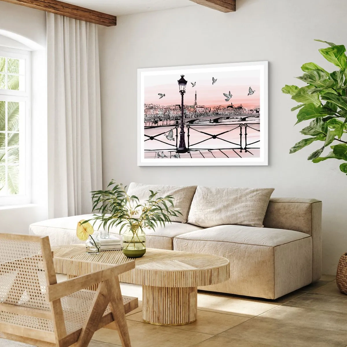 Pôster em moldura branca - Sobre os telhados de Paris - 100x70 cm