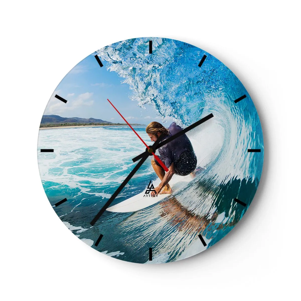 Relógio de parede - Relógio em vidro - Surfista no túnel de ondas de água - 30x30cm - Dançando com as ondas - Decoração de parede moderna para a sala de estar, cozinha e quarto ARTTOR