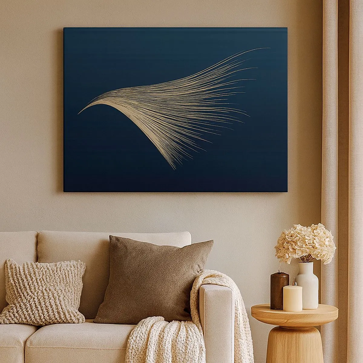 Quadro em tela - Uma linha delicada semelhante a uma pena em um fundo azul marinho - 70x50cm - Como o cabelo de um anjo - Decoração de parede moderna para a sala de estar e quarto ARTTOR