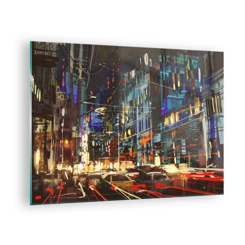 Quadro em vidro - Rua da cidade à noite com luzes de neon e trânsito - 70x50cm - O alvoroço da rua à noite - Decoração de parede moderna para a sala de estar e quarto ARTTOR