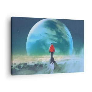 Quadro em tela - Um homem de jaqueta vermelha em pé em frente a um grande planeta com estrelas ao fundo. - 70x50cm - Descobridor de uma nova terra - Decoração de parede moderna para a sala de estar e quarto ARTTOR