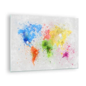 Quadro em vidro - Um mapa do mundo com respingos de tinta colorida - 70x50cm - Todas as cores do mundo - Decoração de parede moderna para a sala de estar e quarto ARTTOR