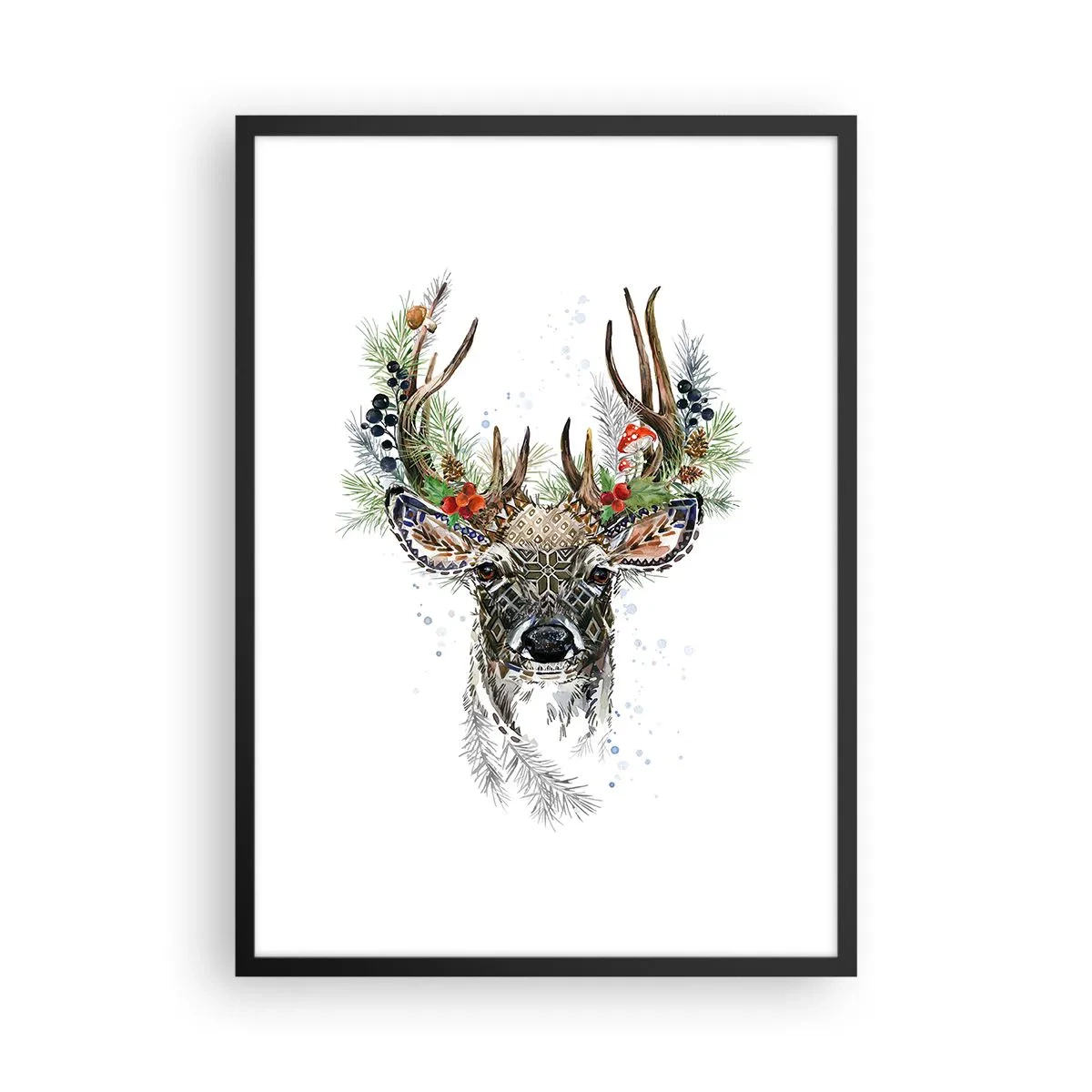 Pôster com moldura preta - Veado decorativo com ornamentos e detalhes florais - 50x70cm - Num manto festivo - Decoração de parede moderna para a sala de estar e quarto ARTTOR