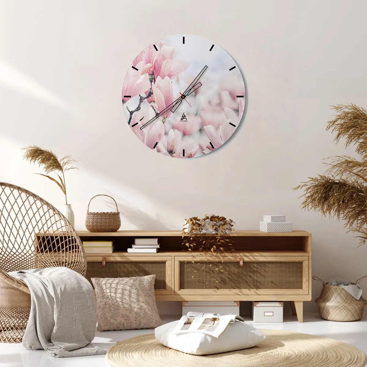 Relógio de parede - Relógio em vidro - Magnólias rosa delicadas contra um fundo desfocado - 30x30cm - O ideal da subtileza - Decoração de parede moderna para a sala de estar, cozinha e quarto ARTTOR