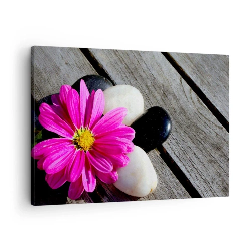 Quadro em tela - Flor rosa sobre fundo de tábuas de madeira com pedras - 70x50cm - Descanso no cais - Decoração de parede moderna para a sala de estar e quarto ARTTOR