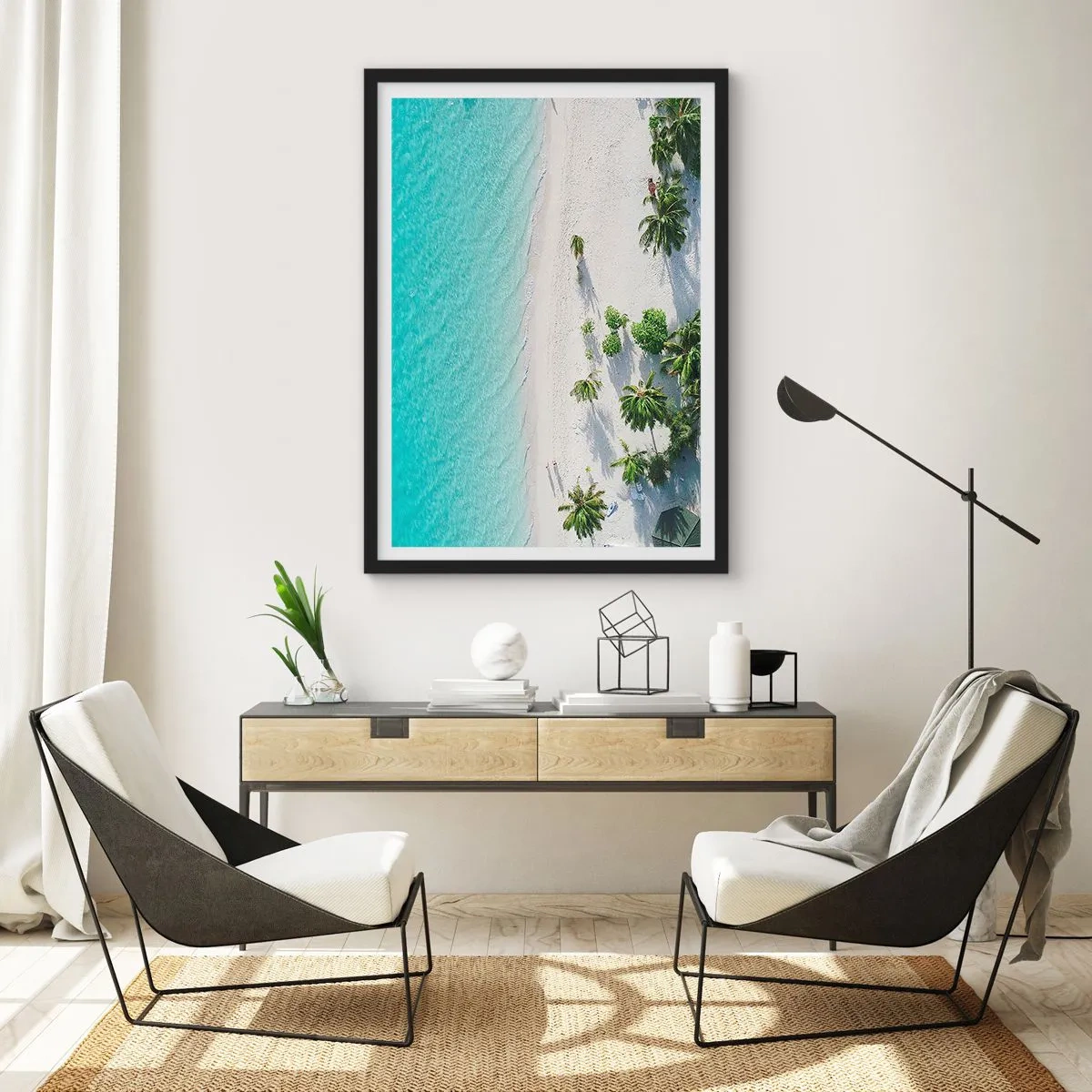Pôster com moldura preta - Vista aérea de uma praia tropical com palmeiras e mar azul - 50x70cm - Férias no paraíso - Decoração de parede moderna para a sala de estar e quarto ARTTOR
