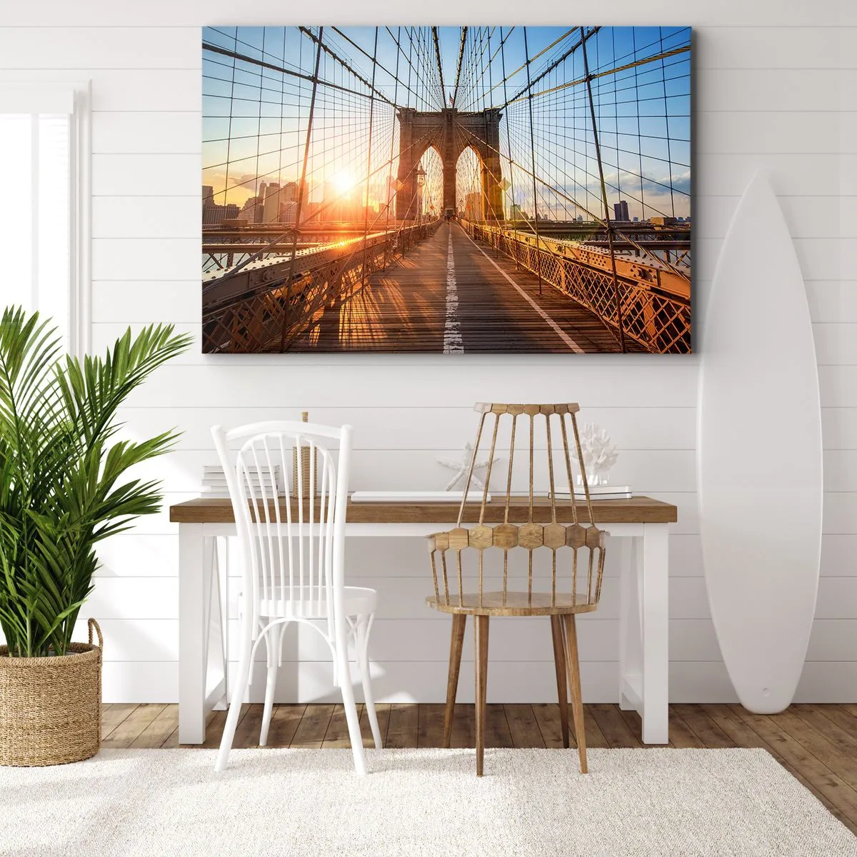 Quadro em tela - A ponte à luz do pôr do sol com vista para a cidade - 70x50cm - Na Ponte Dourada - Decoração de parede moderna para a sala de estar e quarto ARTTOR