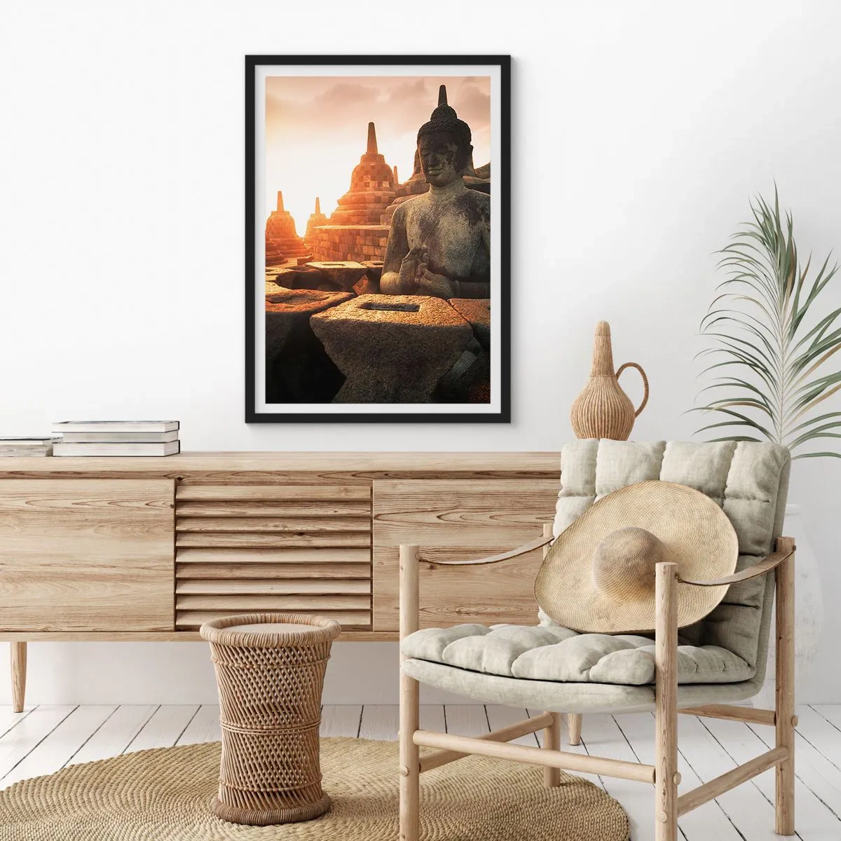 Pôster com moldura preta - Estátua de Buda com templos ao fundo ao pôr do sol - 50x70cm - Clima de grande sabedoria - Decoração de parede moderna para a sala de estar e quarto ARTTOR