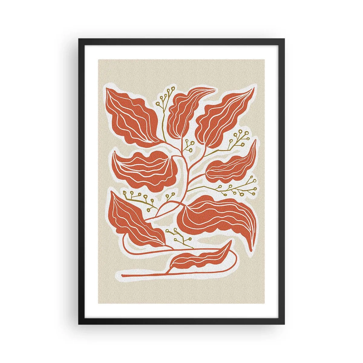 Pôster com moldura preta - Uma composição abstrata de folhas em tons de laranja e bege. - 50x70cm - Folclórico e coral - Decoração de parede moderna para a sala de estar e quarto ARTTOR