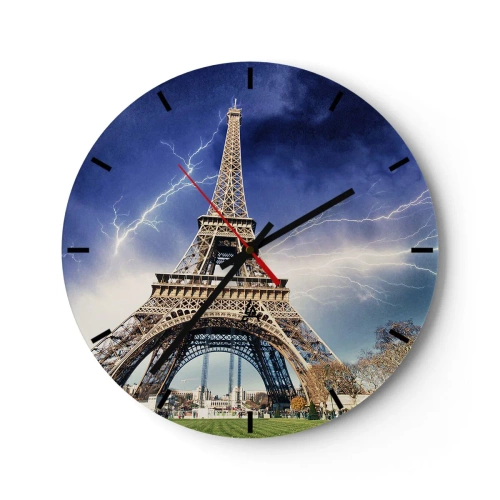 Relógio de parede - Relógio em vidro - A Torre Eiffel durante uma tempestade de raios em um céu escuro - 30x30cm - Senhora das Tempestades - Decoração de parede moderna para a sala de estar, cozinha e quarto ARTTOR