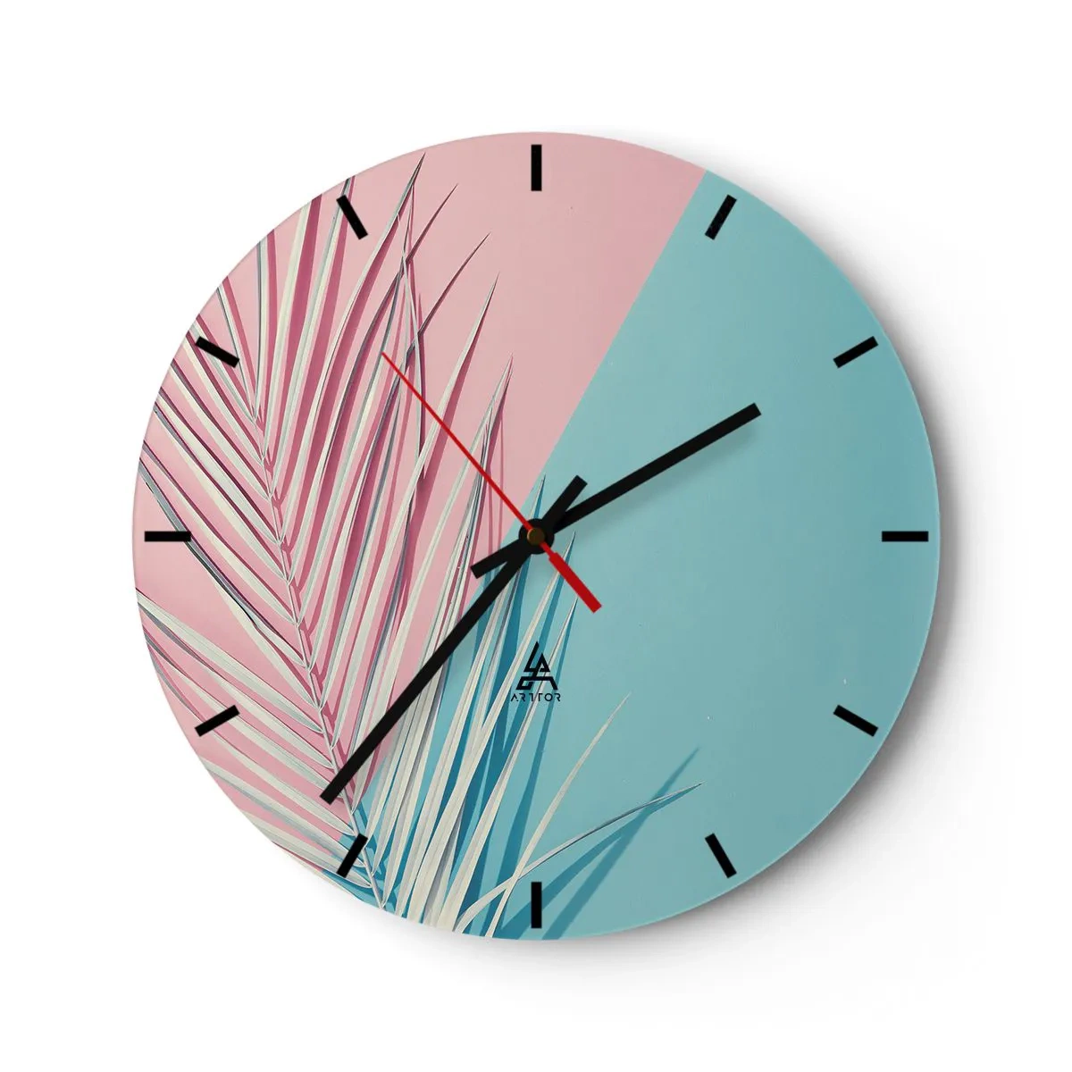 Relógio de parede - Relógio em vidro - Folhas de palmeira em um fundo rosa pastel e azul - 30x30cm - Impressão tropical - Decoração de parede moderna para a sala de estar, cozinha e quarto ARTTOR