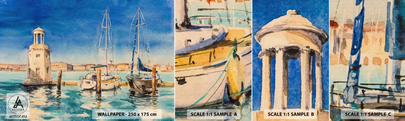 Amostra de papel de parede autocolante Deluxe Sticker - Lagoa ensolarada - Porto, Paisagem, Farol - 100x30 cm