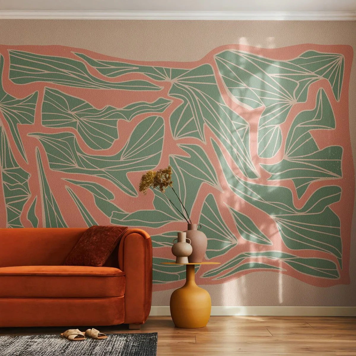 Papel de Parede Autocolante Deluxe Sticker - A luta entre coral e vegetação - Boho, Pastel, Pedaço - 250x175 cm