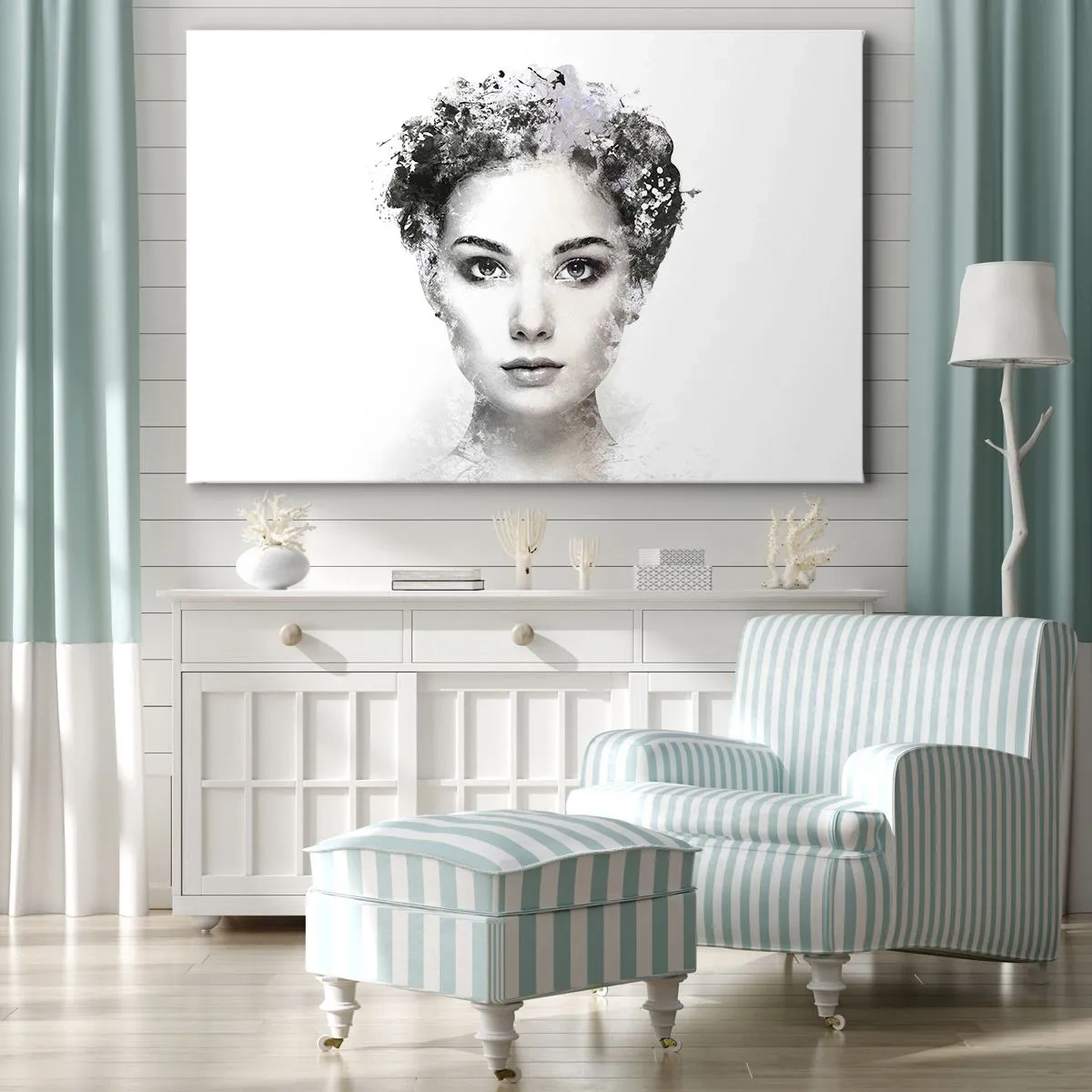 Quadro em tela - Um retrato artístico de uma mulher com delicados detalhes abstratos. - 70x50cm - Um retrato extremamente elegante - Decoração de parede moderna para a sala de estar e quarto ARTTOR