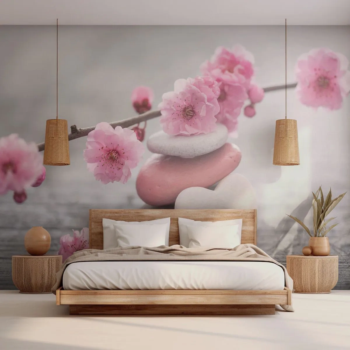 Papel de Parede Premium Sand - Flor de cerejeira - Coração, Flor, Pedras - 100x70 cm