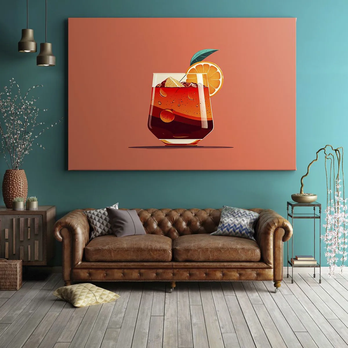 Quadro em tela - Um copo de bebida e uma fatia de laranja em um fundo laranja - 70x50cm - Refresco de verão - Decoração de parede moderna para a sala de estar e quarto ARTTOR