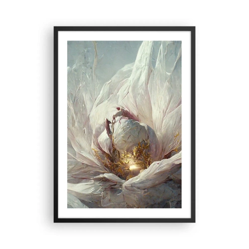 Pôster com moldura preta - Uma abstração sutil com um motivo floral em delicados tons de branco e dourado. - 50x70cm - Floresce uma vez a cada cem anos - Decoração de parede moderna para a sala de estar e quarto ARTTOR
