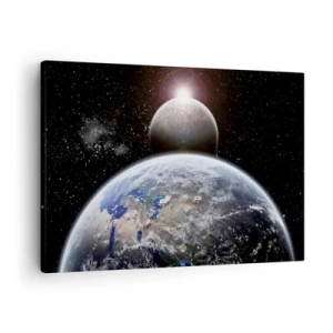 Quadro em tela - Planeta Terra e a Lua tendo como pano de fundo o espaço sideral estrelado. - 70x50cm - Paisagem espacial - o nascer do sol - Decoração de parede moderna para a sala de estar e quarto ARTTOR