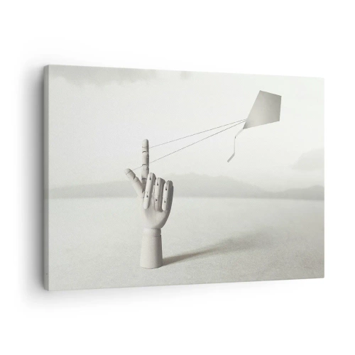 Quadro em tela - Uma mão de madeira minimalista com uma pipa contra um fundo de paisagem. - 70x50cm - Prova de força - Decoração de parede moderna para a sala de estar e quarto ARTTOR