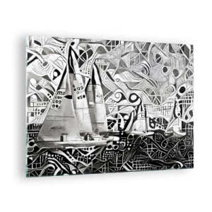 Quadro em vidro - Abstração em preto e branco com veleiros e padrões geométricos - 70x50cm - Entre as ondas - Decoração de parede moderna para a sala de estar e quarto ARTTOR