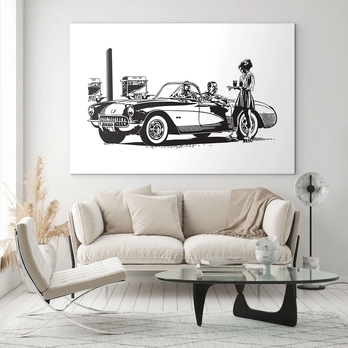 Quadro em vidro - Gráficos criativos com um carro clássico e personagens - 70x50cm - 60º - América Despreocupada - Decoração de parede moderna para a sala de estar e quarto ARTTOR