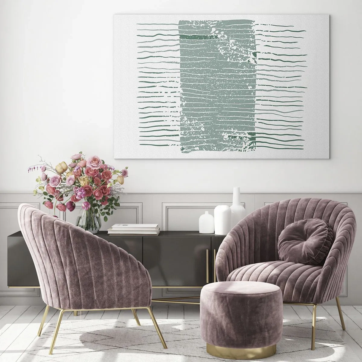 Quadro em vidro - Linhas marítimas horizontais com efeito desgastado criam uma estrutura abstrata - 70x50cm - Abstração marinha - Decoração de parede moderna para a sala de estar e quarto ARTTOR