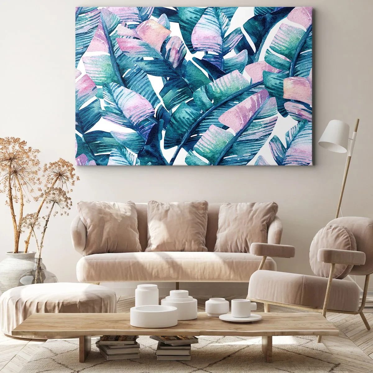 Quadro em tela - Folhas de bananeira em tons de azul e rosa - 70x50cm - Em um bananeiro - Decoração de parede moderna para a sala de estar e quarto ARTTOR