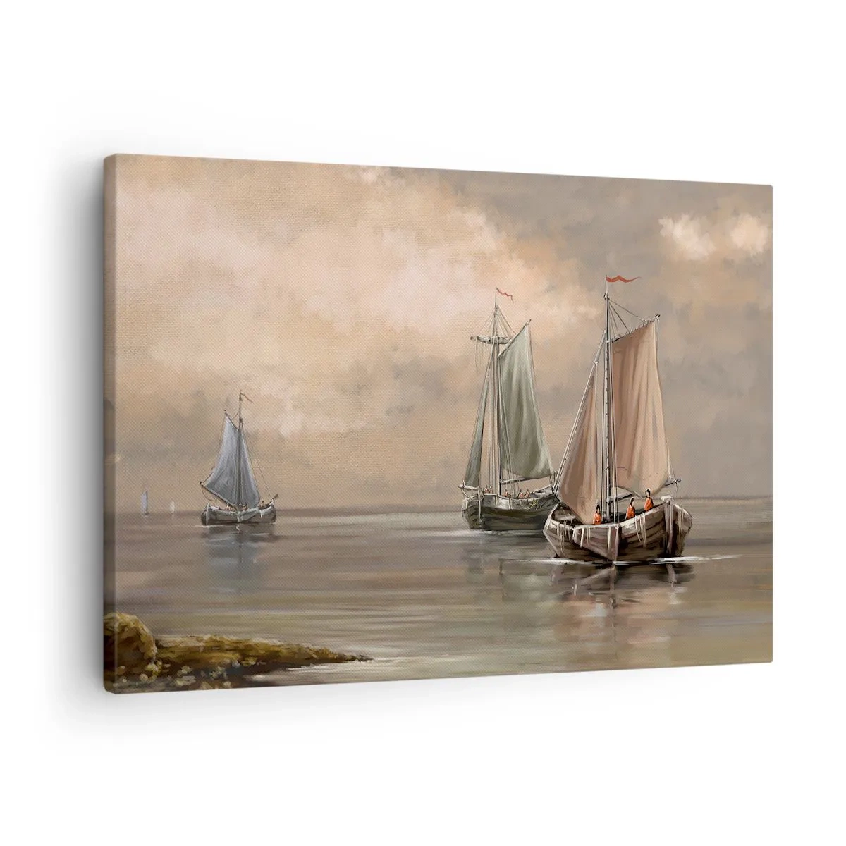 Quadro em tela - Veleiros em mar calmo em ambiente pastel - 70x50cm - Regresso dos marinheiros - Decoração de parede moderna para a sala de estar e quarto ARTTOR