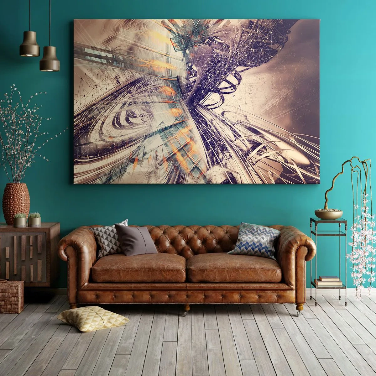 Quadro em tela - Abstração dinâmica em tons de bege e roxo - 70x50cm - Com muita pressa - Decoração de parede moderna para a sala de estar e quarto ARTTOR