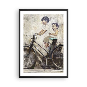 Pôster com moldura preta - Um mural de arte de rua com crianças em uma bicicleta - 50x70cm - Verdadeiro ou falso? - Decoração de parede moderna para a sala de estar e quarto ARTTOR