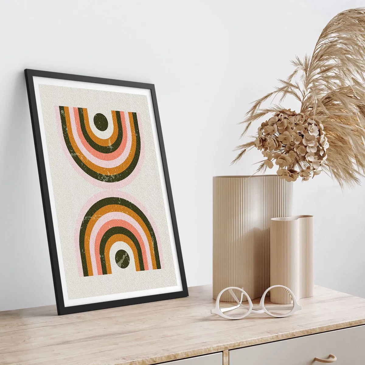 Pôster com moldura preta - Composição geométrica em estilo retrô - 50x70cm - Abstração gêmea - Decoração de parede moderna para a sala de estar e quarto ARTTOR