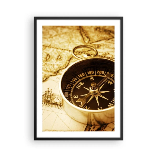 Pôster com moldura preta - Uma bússola em um fundo de mapa em tons de sépia - 50x70cm - Oriente ou Ocidente? - Decoração de parede moderna para a sala de estar e quarto ARTTOR