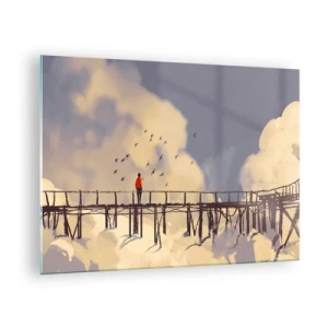 Quadro em vidro - Um homem em uma ponte de madeira cercado por nuvens - 70x50cm - Saudade azul - Decoração de parede moderna para a sala de estar e quarto ARTTOR
