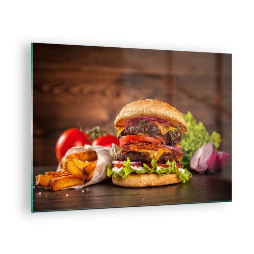 Quadro em vidro - Hambúrguer suculento com acompanhamentos e batatas fritas em um fundo de madeira - 70x50cm - Fruta proibida - Decoração de parede moderna para a sala de estar e quarto ARTTOR