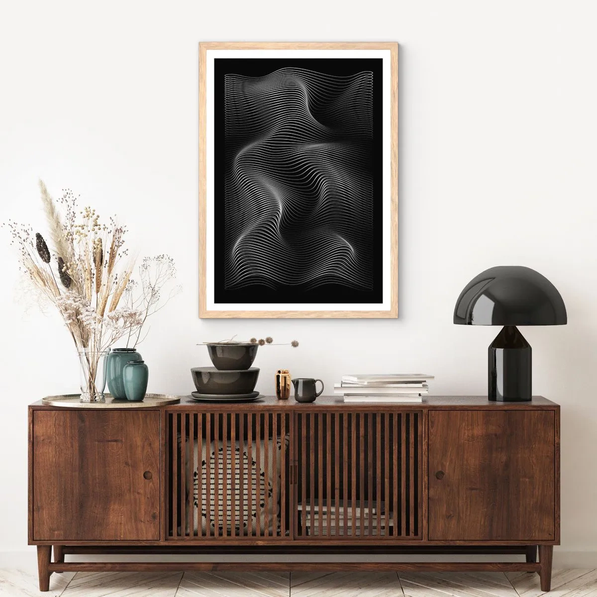 Pôster com moldura de carvalho claro - Dança de luz no espaço - 70x100 cm